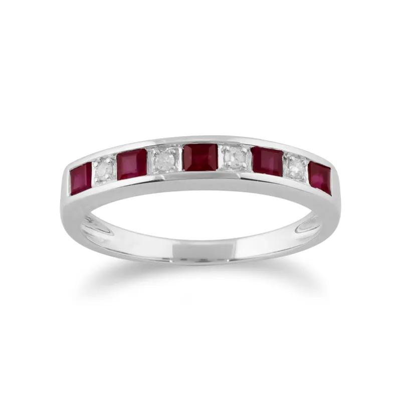 Classic Square Ruby & Diamond Half Eternity Ring 9ct White Gold sold by Gemondo Jewellery