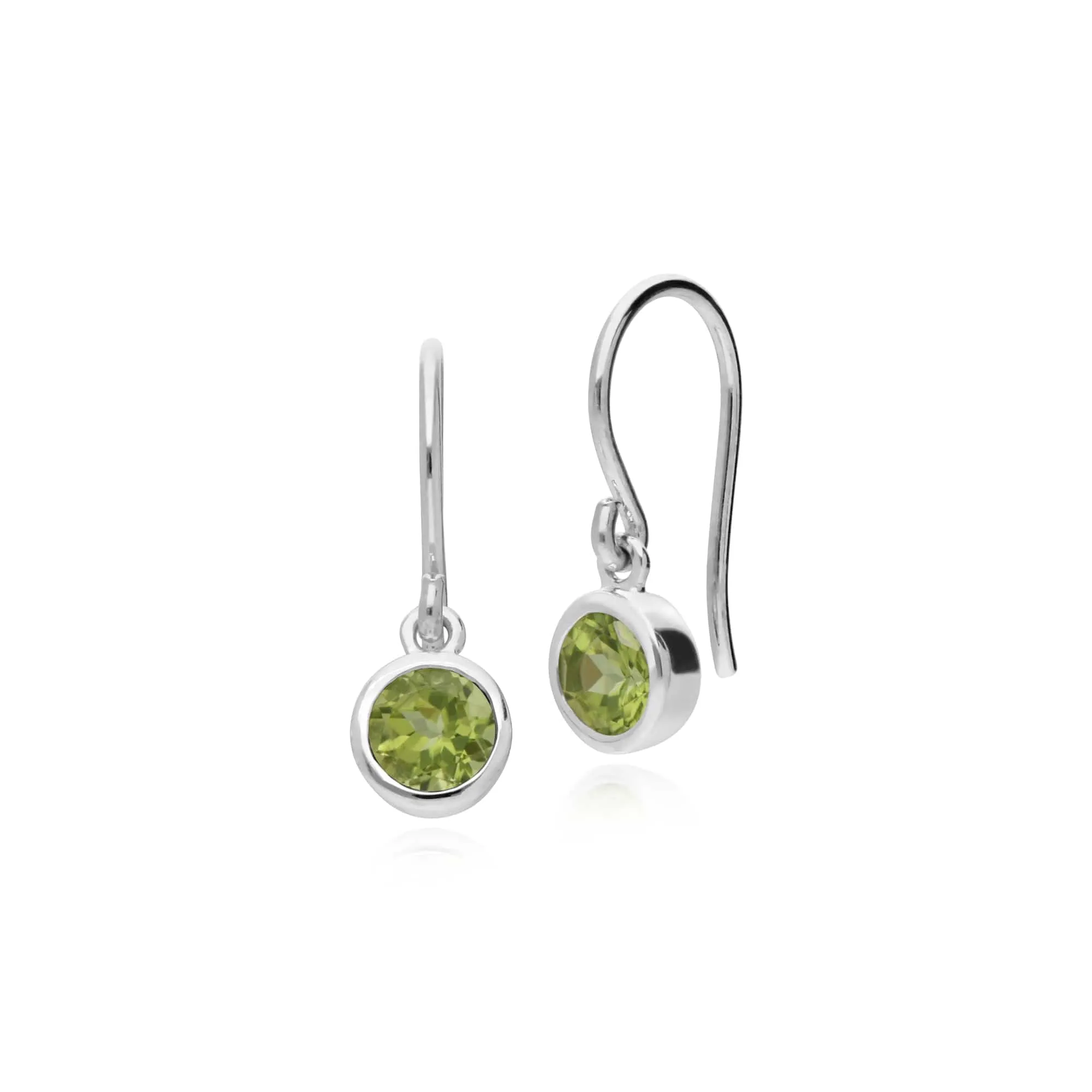 Essential Round Peridot Bezel Set Drop Earrings in 925 Sterling Silver sold by Gemondo Jewellery