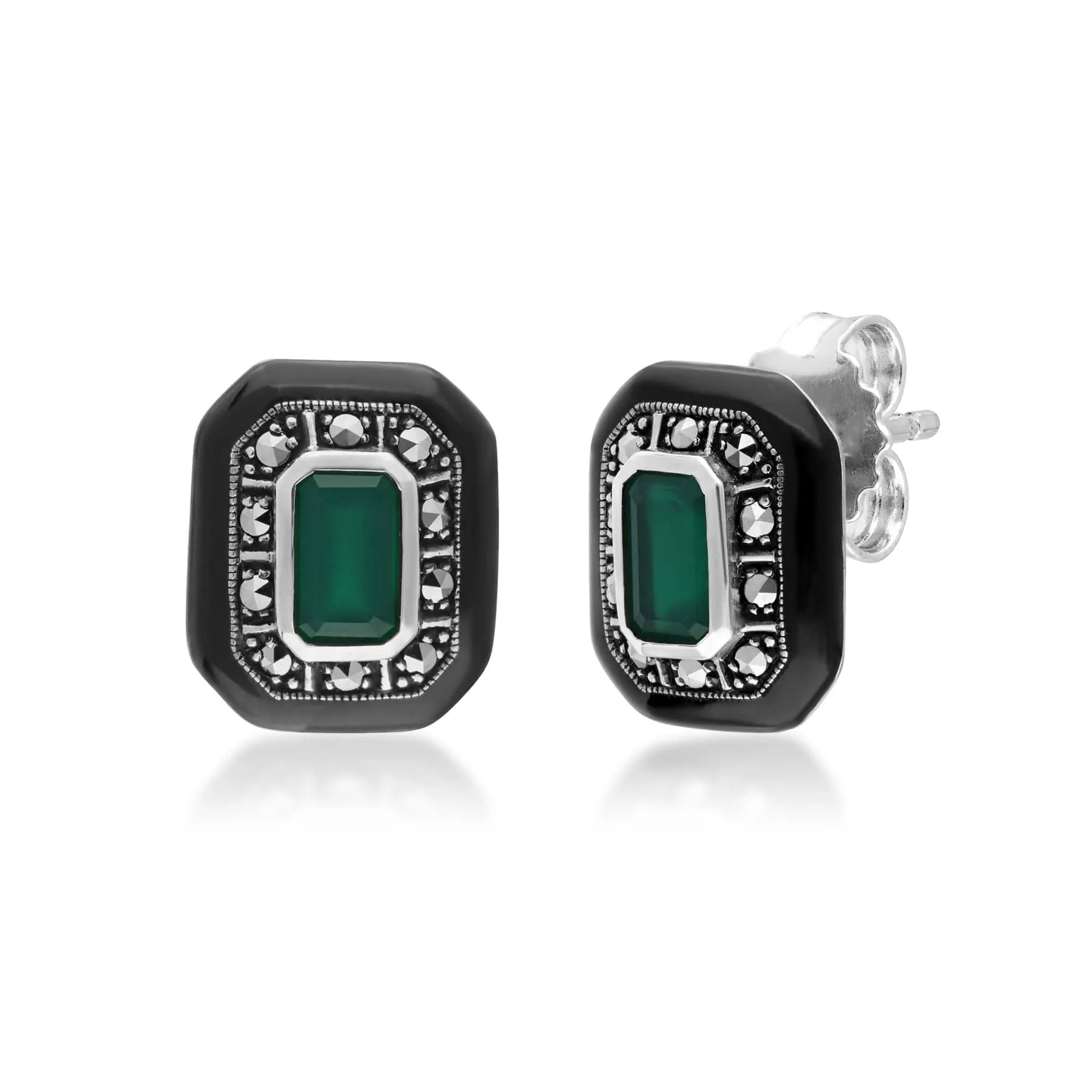 Art Deco Inspired Chalcedony & Marcasite Stud Earrings in Sterling Silver sold by Gemondo Jewellery