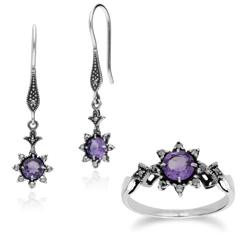 Art Nouveau Style Style Round Amethyst & Marcasite Starburst Drop Earrings & Ring Set in 925 Sterling Silver sold by Gemondo Jewellery