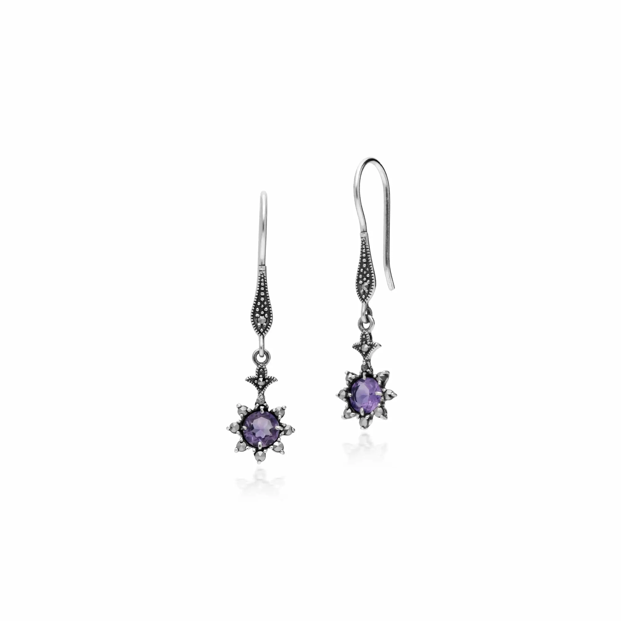 Art Nouveau Style Style Round Amethyst & Marcasite Starburst Drop Earrings & Ring Set in 925 Sterling Silver sold by Gemondo Jewellery product image thumbnail 2