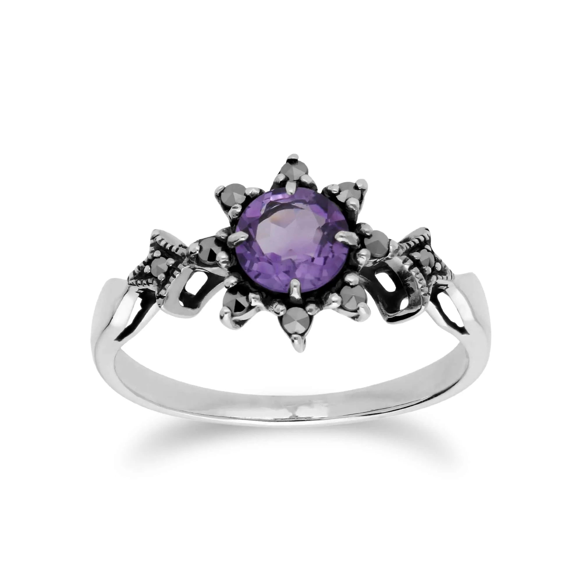 Art Nouveau Style Style Round Amethyst & Marcasite Starburst Drop Earrings & Ring Set in 925 Sterling Silver sold by Gemondo Jewellery product image thumbnail 3
