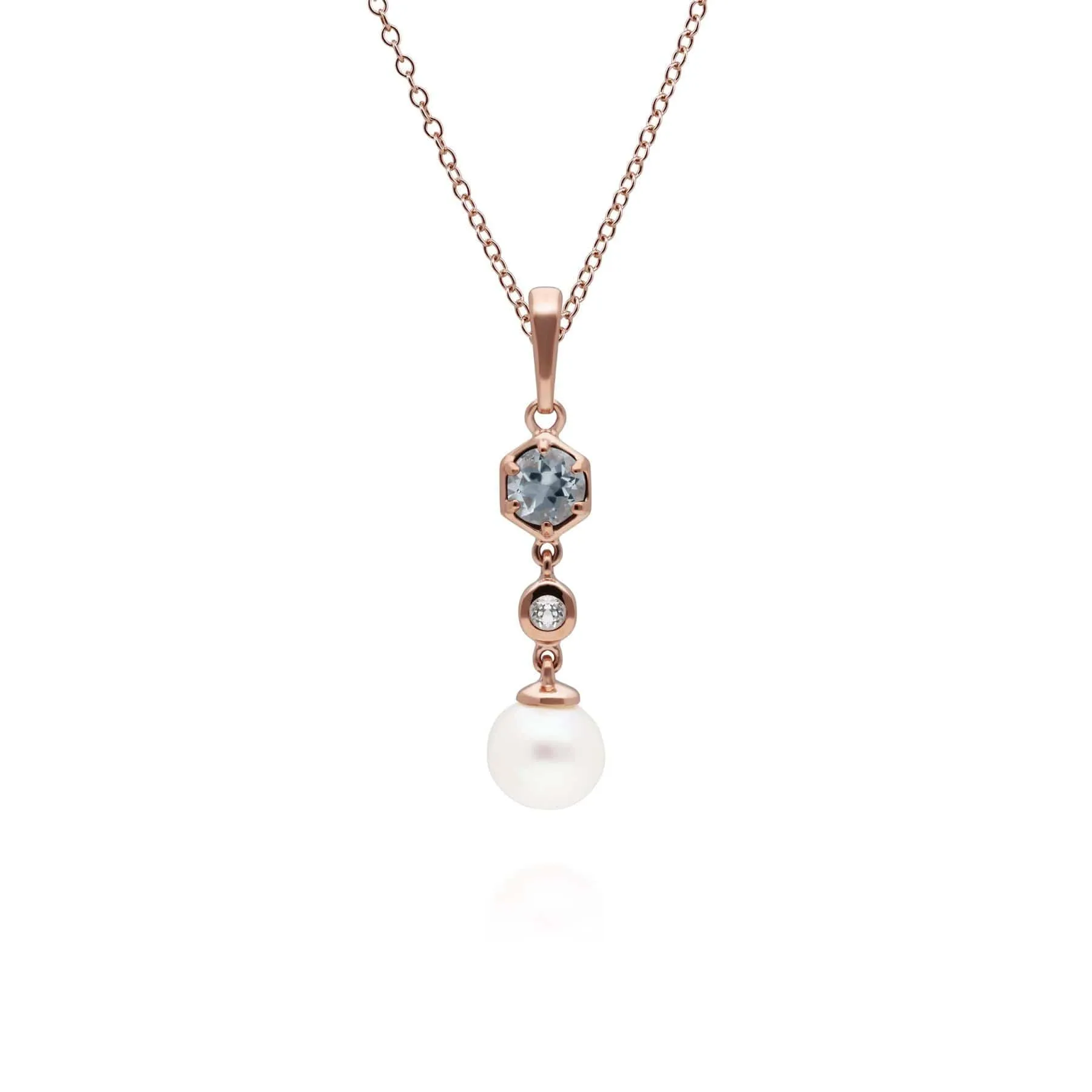 Modern Pearl, Aquamarine & Topaz Drop Pendant in Rose Gold Plated Silver sold by Gemondo Jewellery