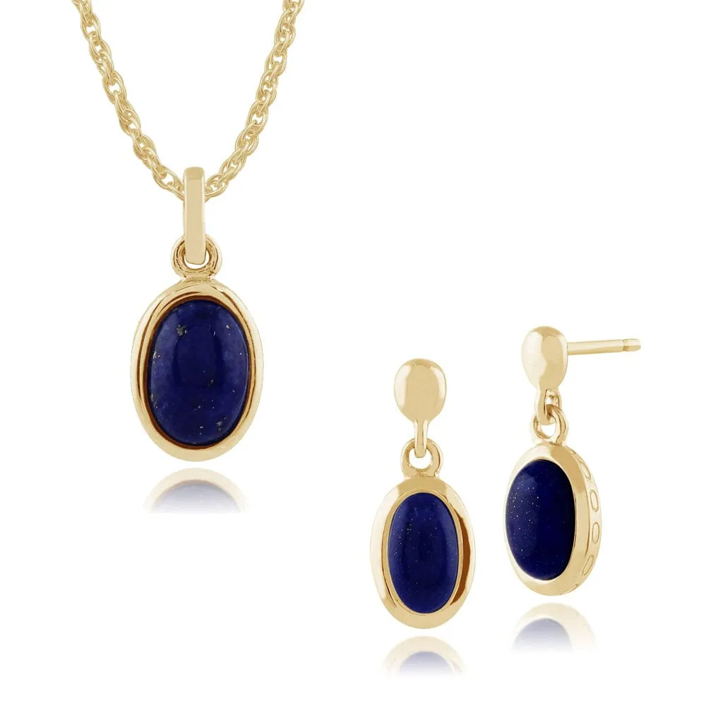 Classic Oval Lapis Lazuli Bezel Drop Earrings & Pendant Set in 9ct Yellow Gold sold by Gemondo Jewellery
