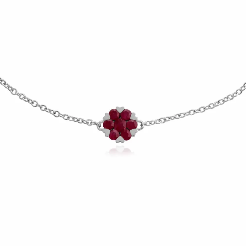 Floral Round Ruby Heart Claw Set Cluster Bracelet in 9ct White Gold sold by Gemondo Jewellery