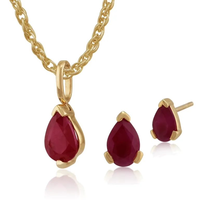 Classic Pear Ruby Single Stone Stud Earrings & Pendant Set in 9ct Yellow Gold sold by Gemondo Jewellery