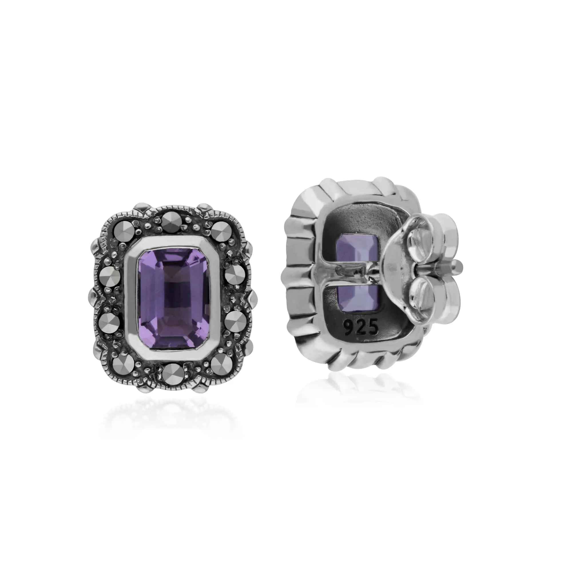 Gemondo Sterling Silver Amethyst & Marcasite Octagon Art Nouveau Stud Earrings sold by Gemondo Jewellery product image thumbnail 2