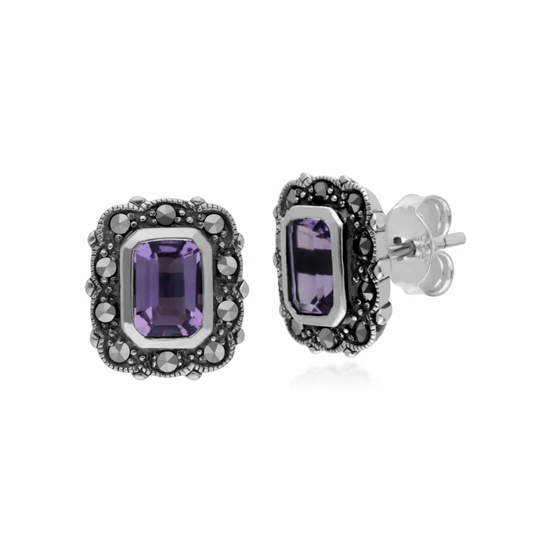 Gemondo Sterling Silver Amethyst & Marcasite Octagon Art Nouveau Stud Earrings sold by Gemondo Jewellery