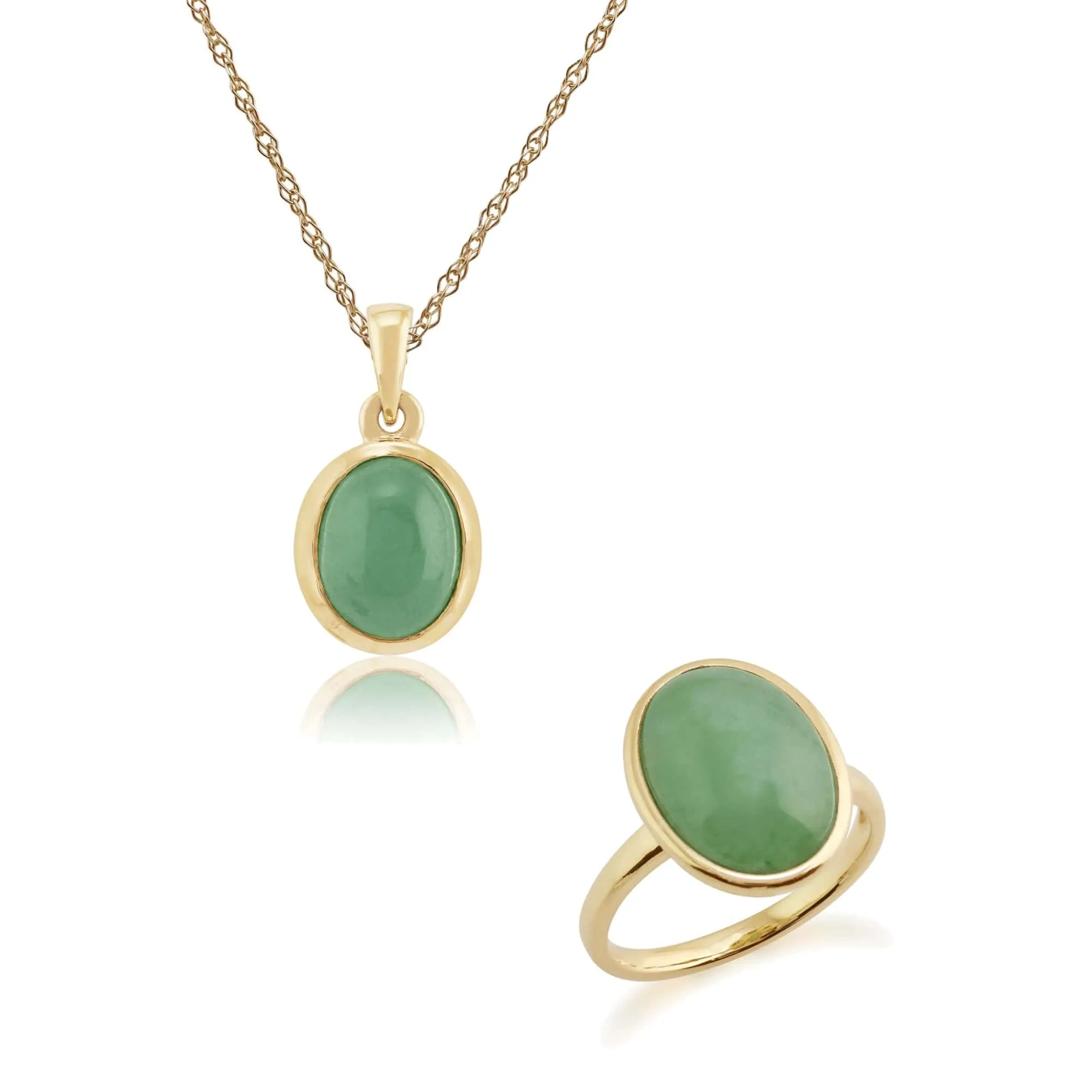 Classic Oval Dyed Green Jade Bezel Pendant & Cocktail Ring Set in 9ct Yellow Gold sold by Gemondo Jewellery