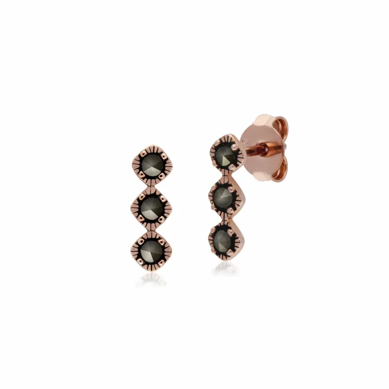 Rose Gold Plated Round Marcasite Triple Stone Stud Earrings in 925 Sterling Silver sold by Gemondo Jewellery