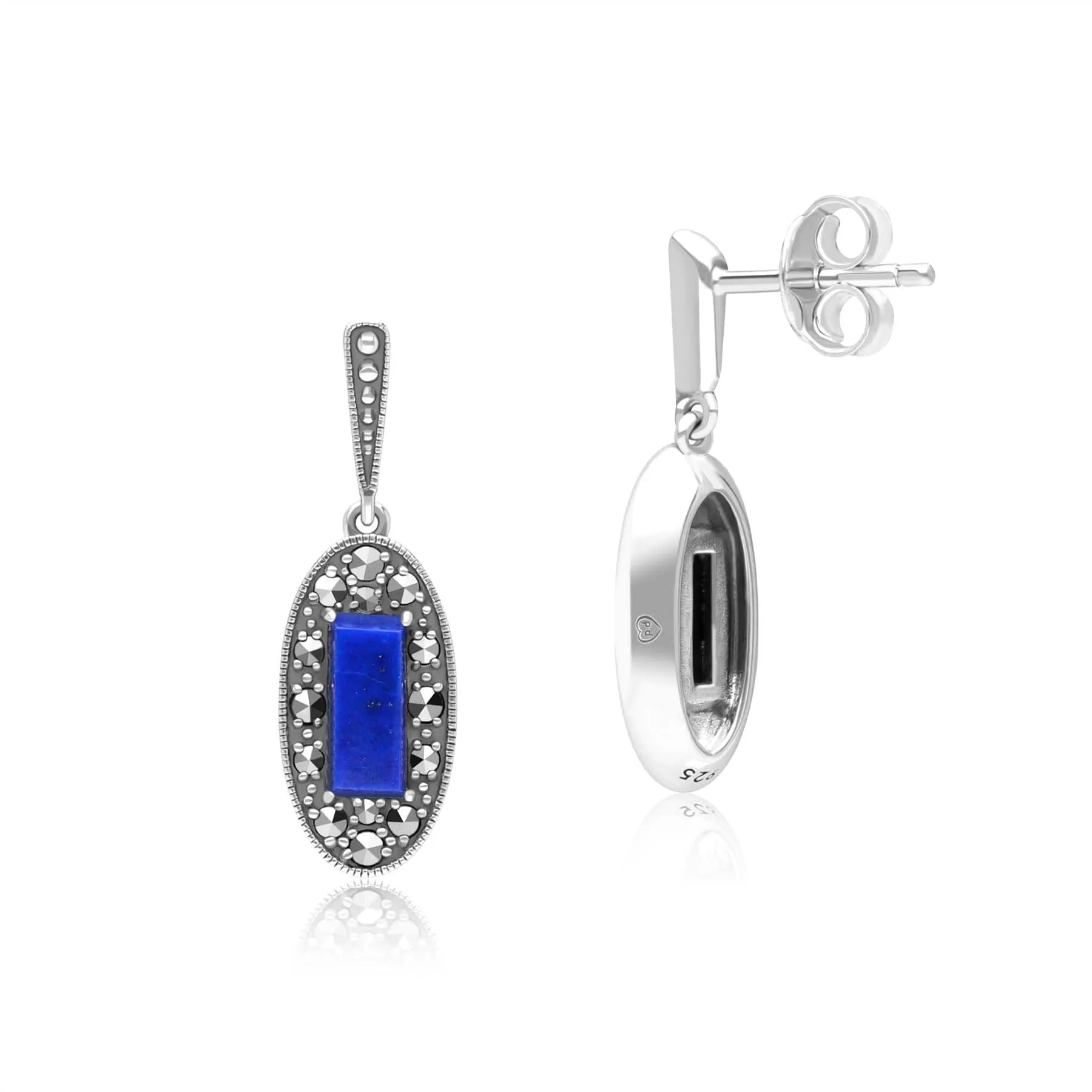 Art Deco Style Oval Lapis Lazuli and Marcasite Drop Earrings in Sterling Silver sold by Gemondo Jewellery product image thumbnail 3