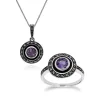 Art Deco Style Round Amethyst, Marcasite & Black Enamel Pendant & Ring Set in 925 Sterling Silver sold by Gemondo Jewellery