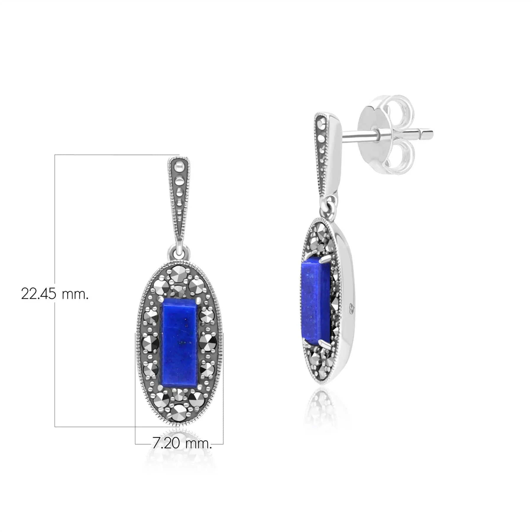 Art Deco Style Oval Lapis Lazuli and Marcasite Drop Earrings in Sterling Silver sold by Gemondo Jewellery product image thumbnail 4