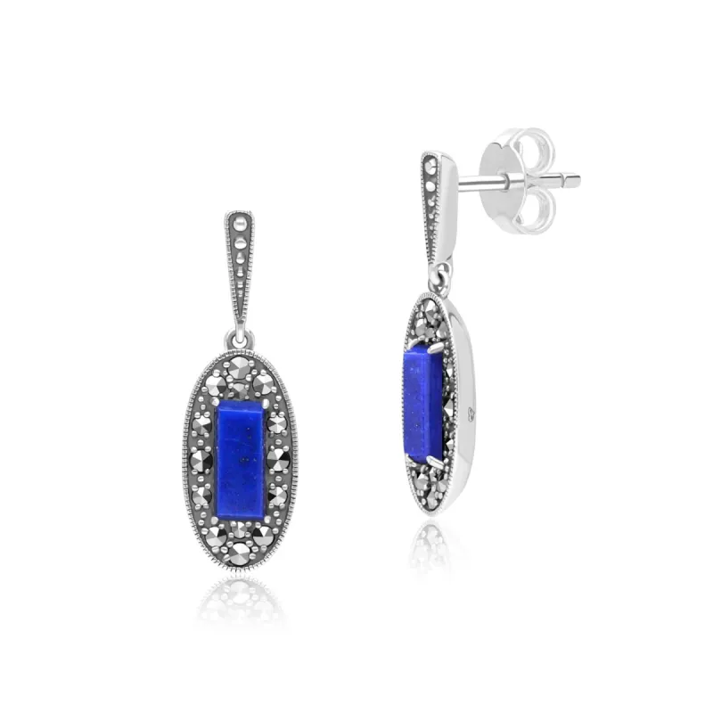 Art Deco Style Oval Lapis Lazuli and Marcasite Drop Earrings in Sterling Silver sold by Gemondo Jewellery