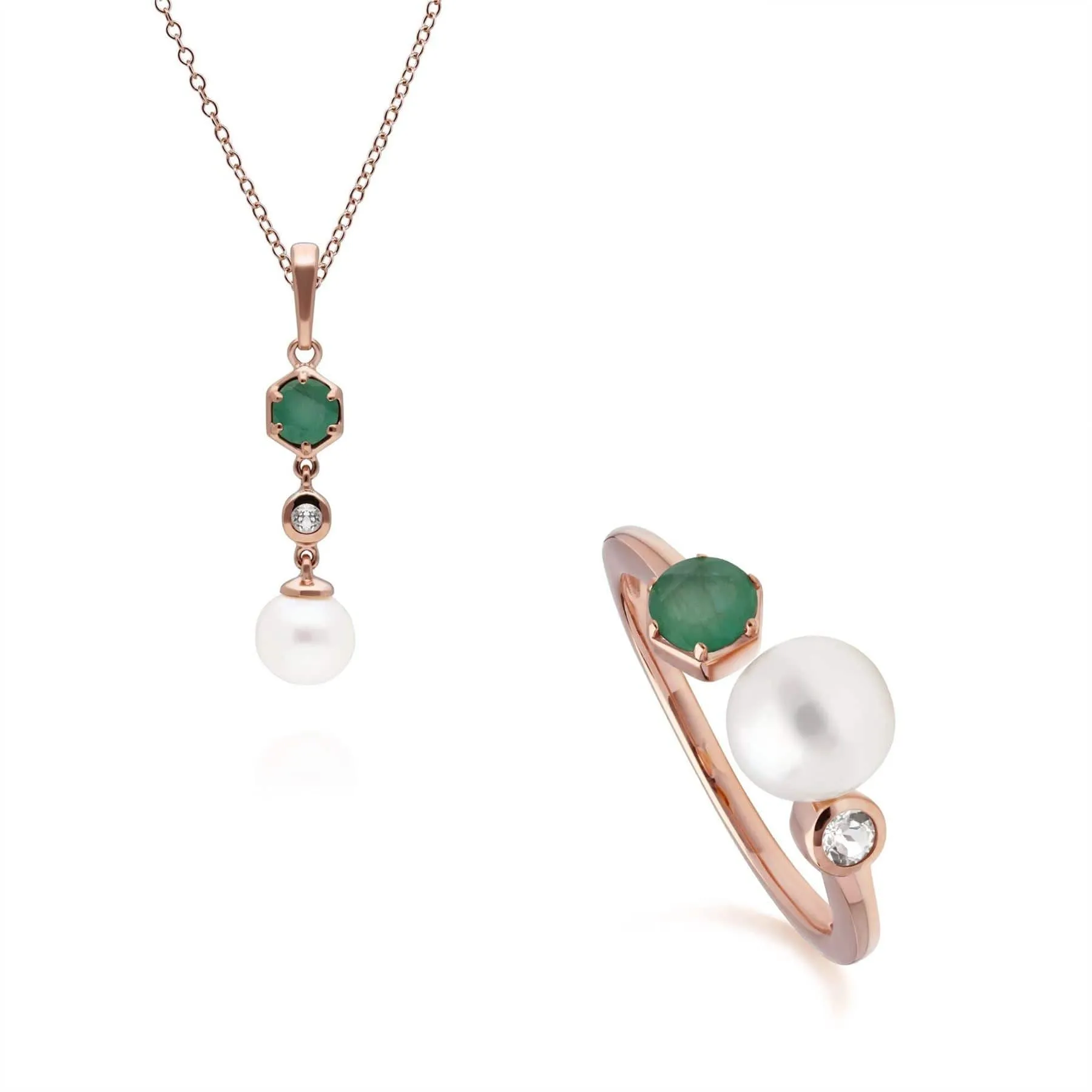 Modern Pearl, Emerald & Topaz Pendant & Ring Set in Rose Gold Plated Silver sold by Gemondo Jewellery