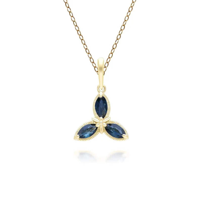 Floral Marquise Sapphire Pendant Necklace in 9ct Yellow Gold sold by Gemondo Jewellery