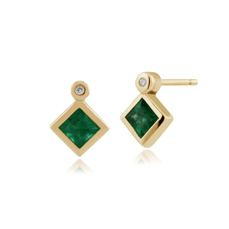Classic Square Emerald & Diamond Bezel Set Stud Earrings in 9ct Yellow Gold sold by Gemondo Jewellery