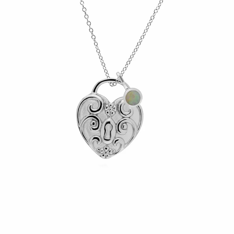 Classic Swirl Heart Lock Pendant & Opal Charm in 925 Sterling Silver sold by Gemondo Jewellery