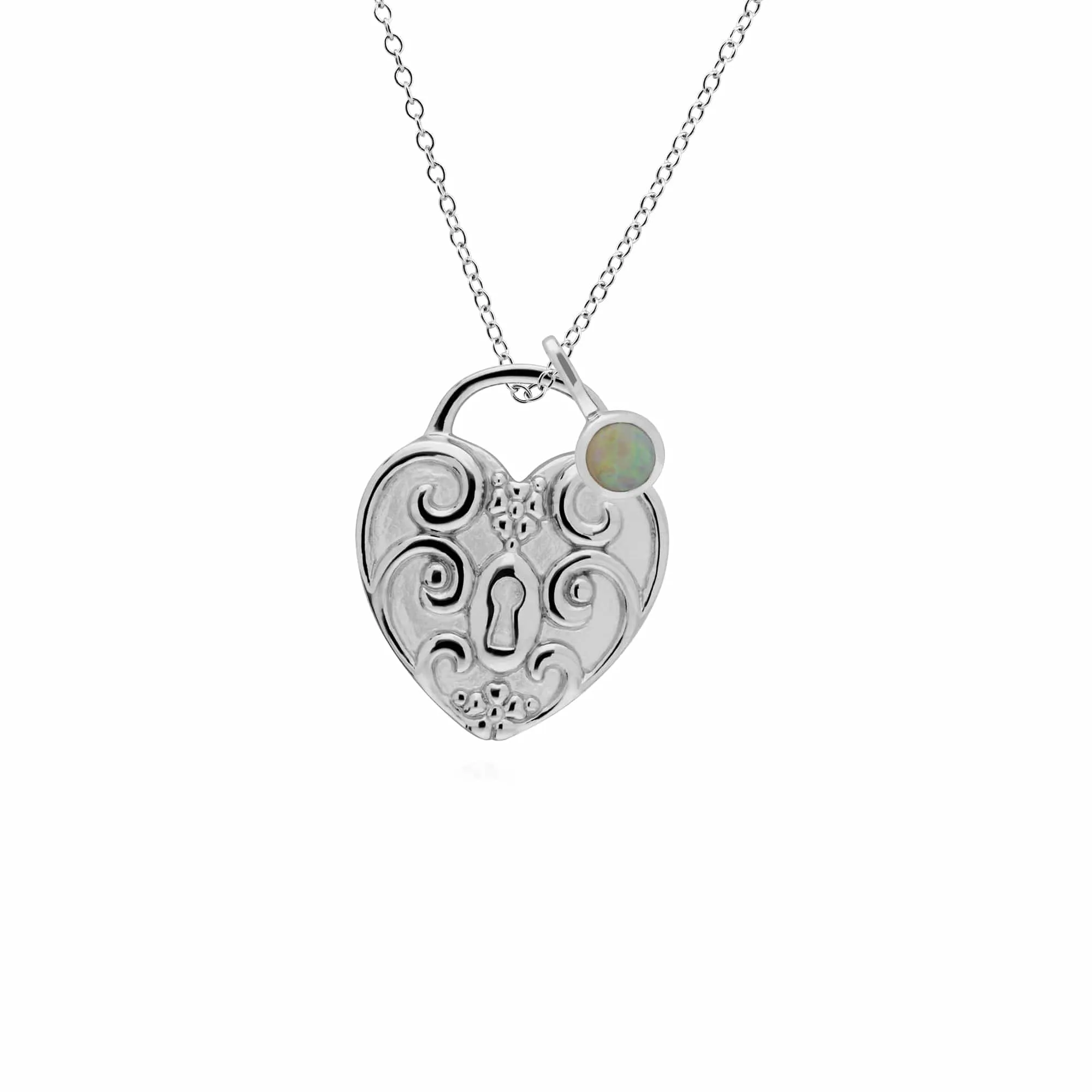 Classic Swirl Heart Lock Pendant & Opal Charm in 925 Sterling Silver sold by Gemondo Jewellery
