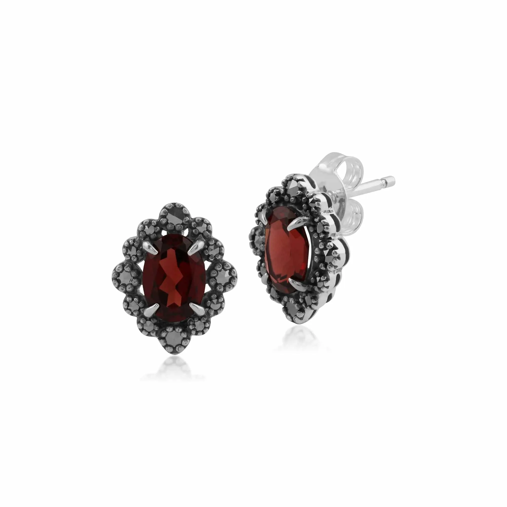 Gemondo Sterling Silver Garnet & Marcasite Art Deco Stud Earrings sold by Gemondo Jewellery