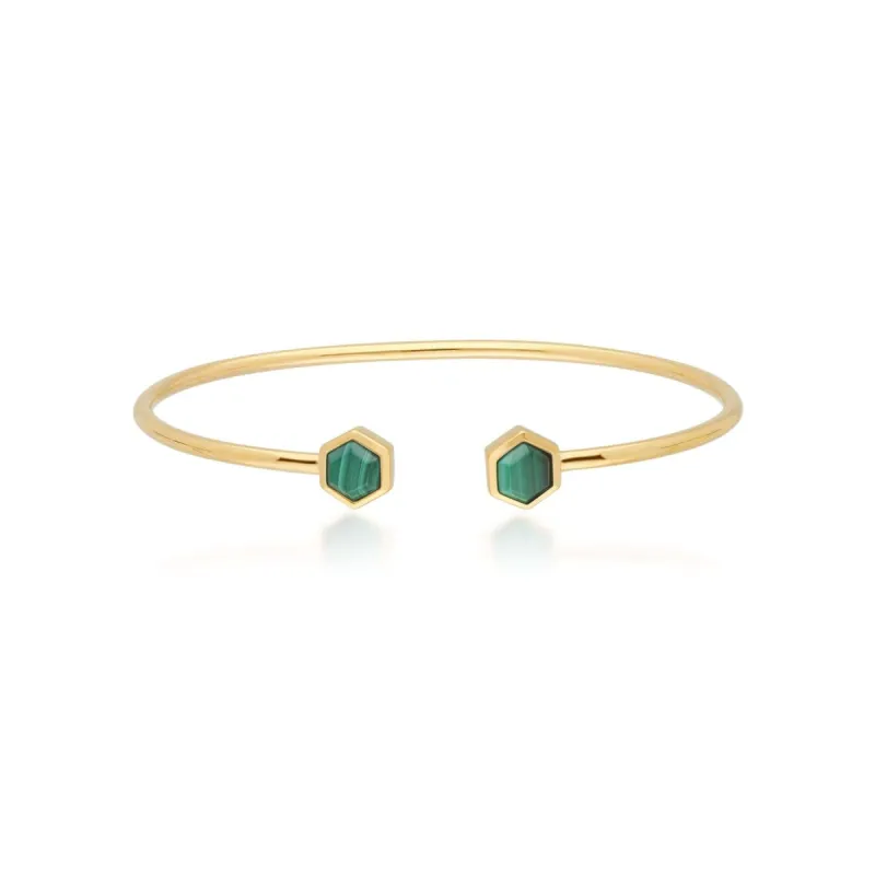 Geometric Hexagon Malachite Open Bangle in Gold Plated Silver sold by Gemondo Jewellery