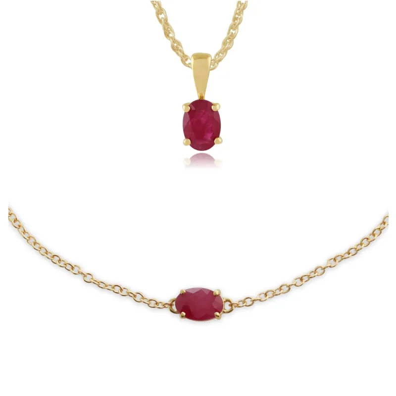 Classic Oval Ruby Single Stone Pendant & Bracelet Set in 9ct Yellow Gold sold by Gemondo Jewellery
