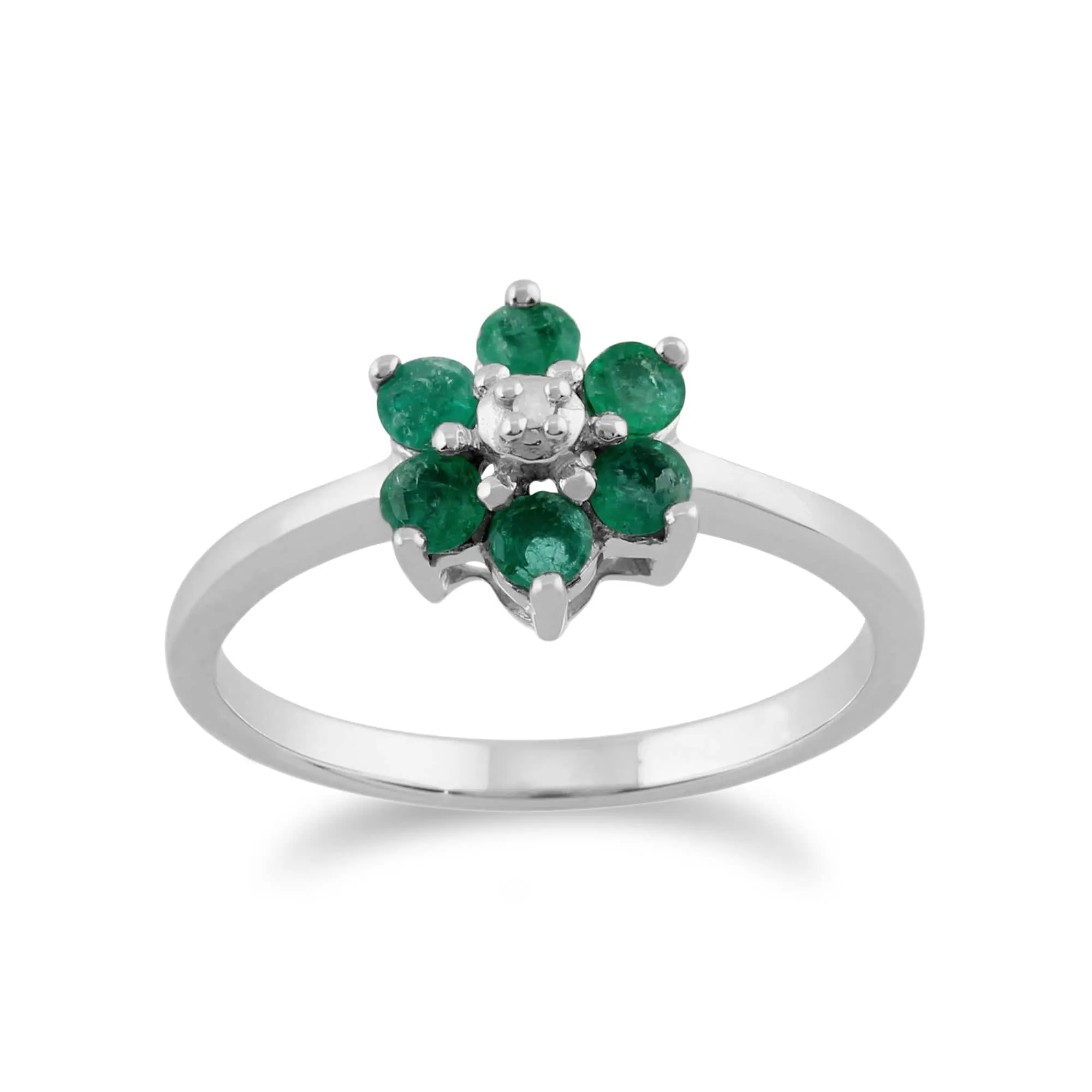 Floral Round Emerald & Diamond Cluster Ring in 9ct White Gold sold by Gemondo Jewellery