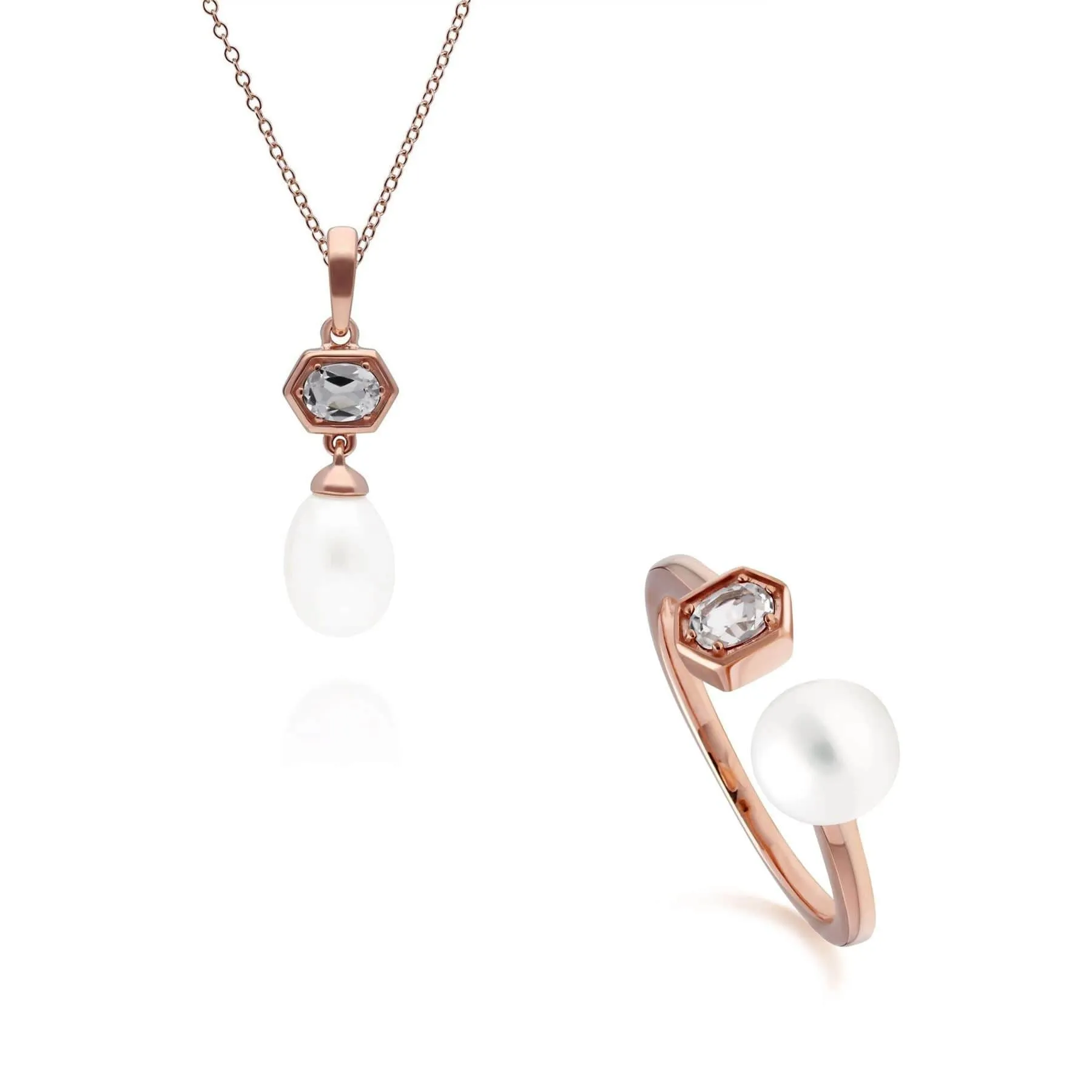 Modern Pearl & Topaz Pendant & Ring Set in Rose Gold Plated Silver sold by Gemondo Jewellery