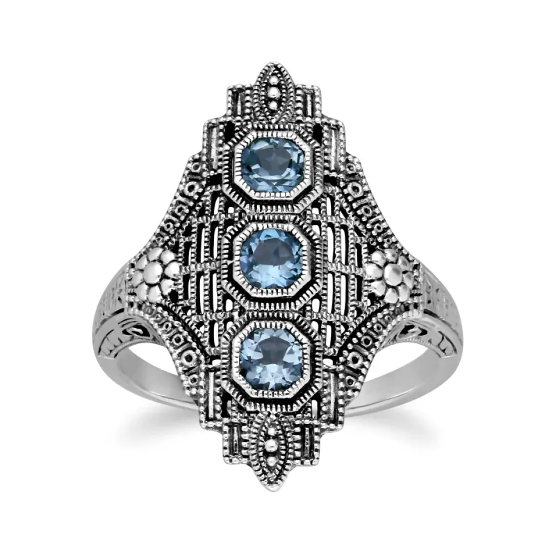 Art Nouveau Style Octagon Blue Topaz Three Stone Filigree Statement Ring in 925 Sterling Silver sold by Gemondo Jewellery
