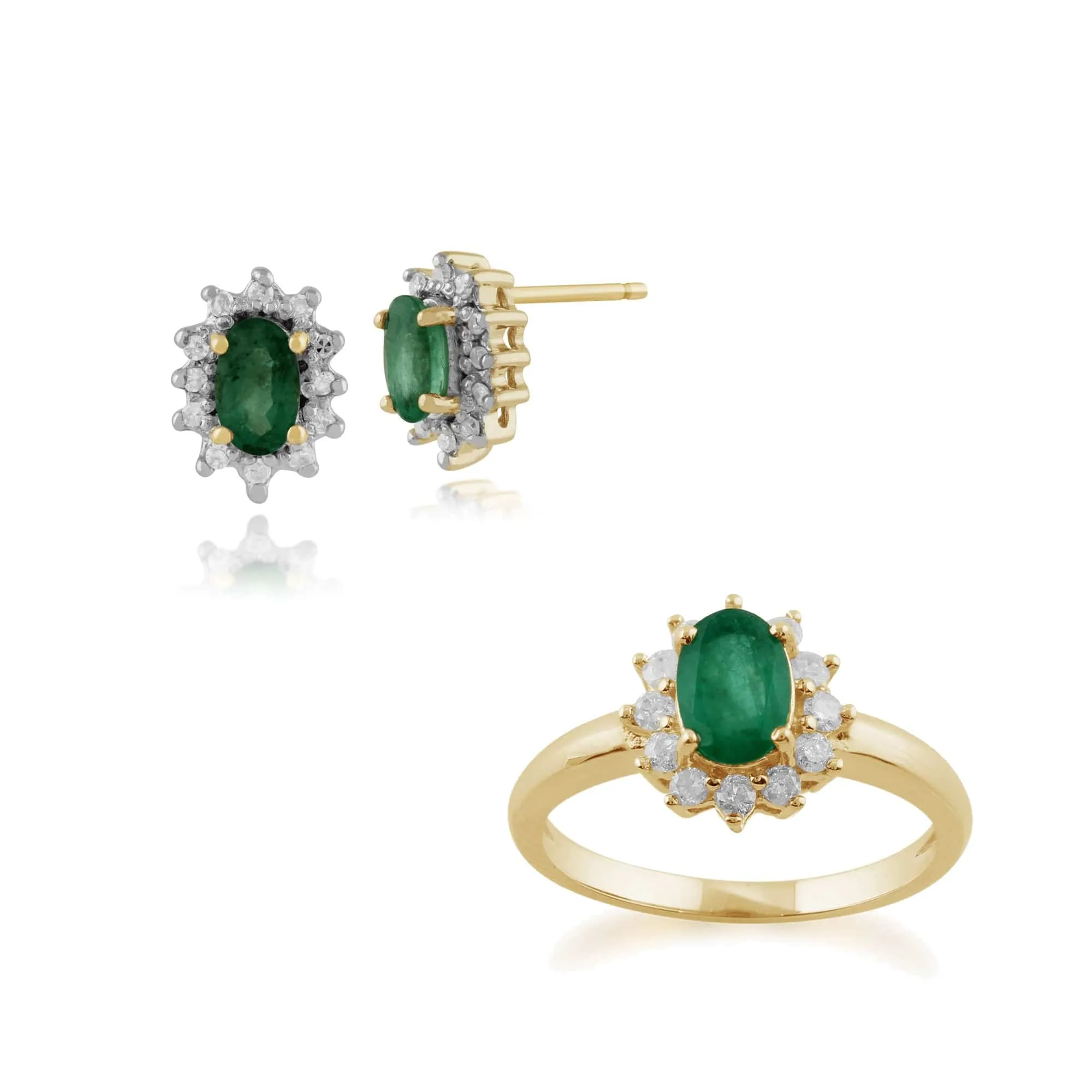 Classic Oval Emerald & Diamond Halo Cluster Stud Earrings & Ring Set in 9ct Yellow Gold sold by Gemondo Jewellery