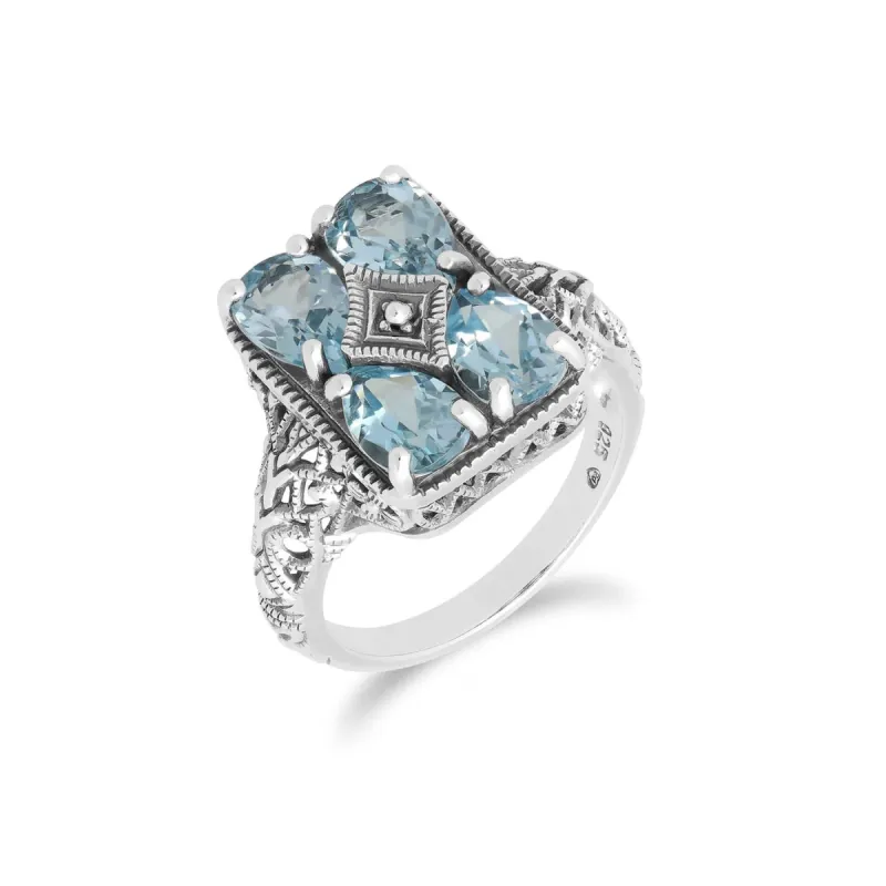 Art Nouveau Inspired Blue Topaz Statement Ring in 925 Sterling Silver sold by Gemondo Jewellery