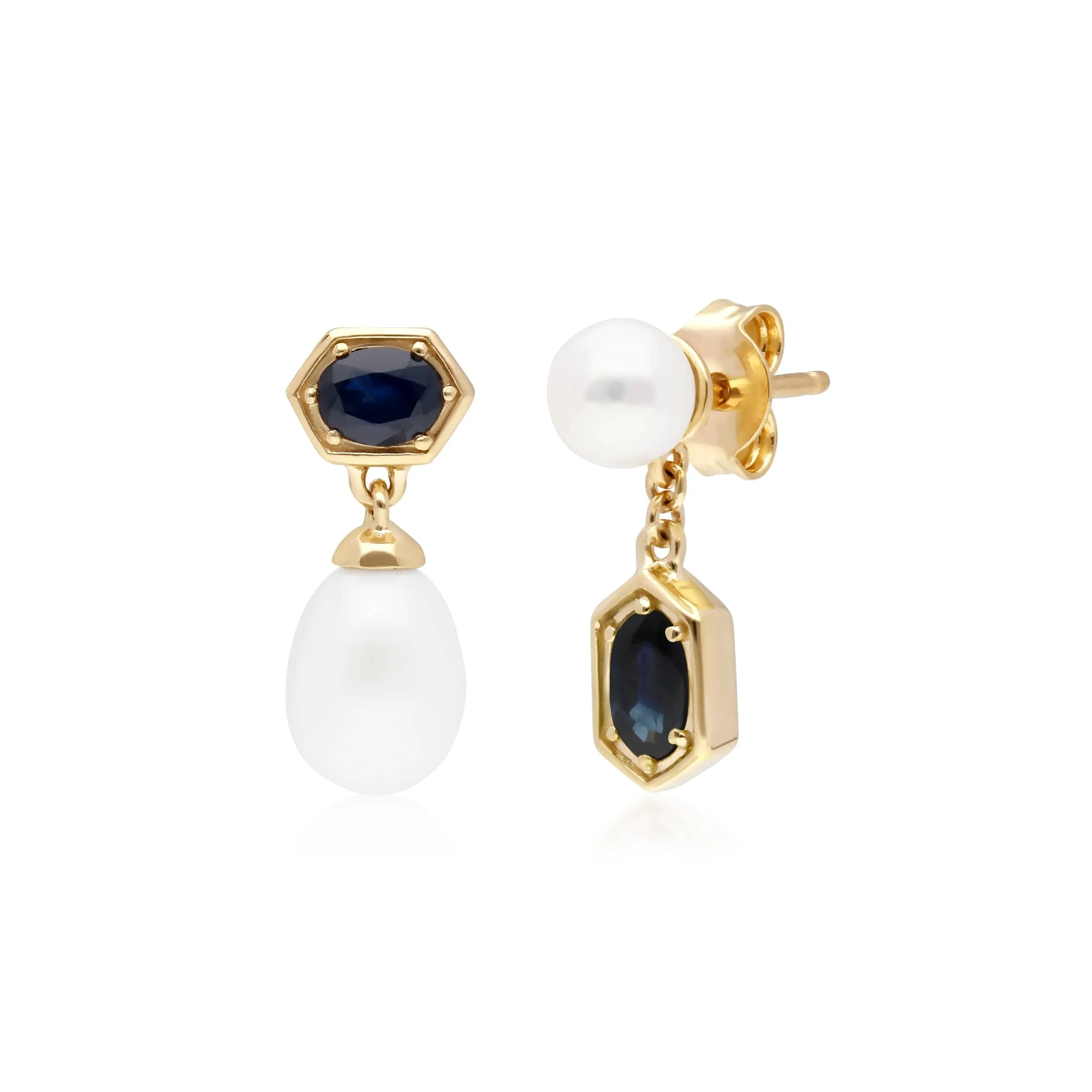 Modern Pearl & Sapphire Mismatched Drop Earrings in Gold Plated Silver sold by Gemondo Jewellery