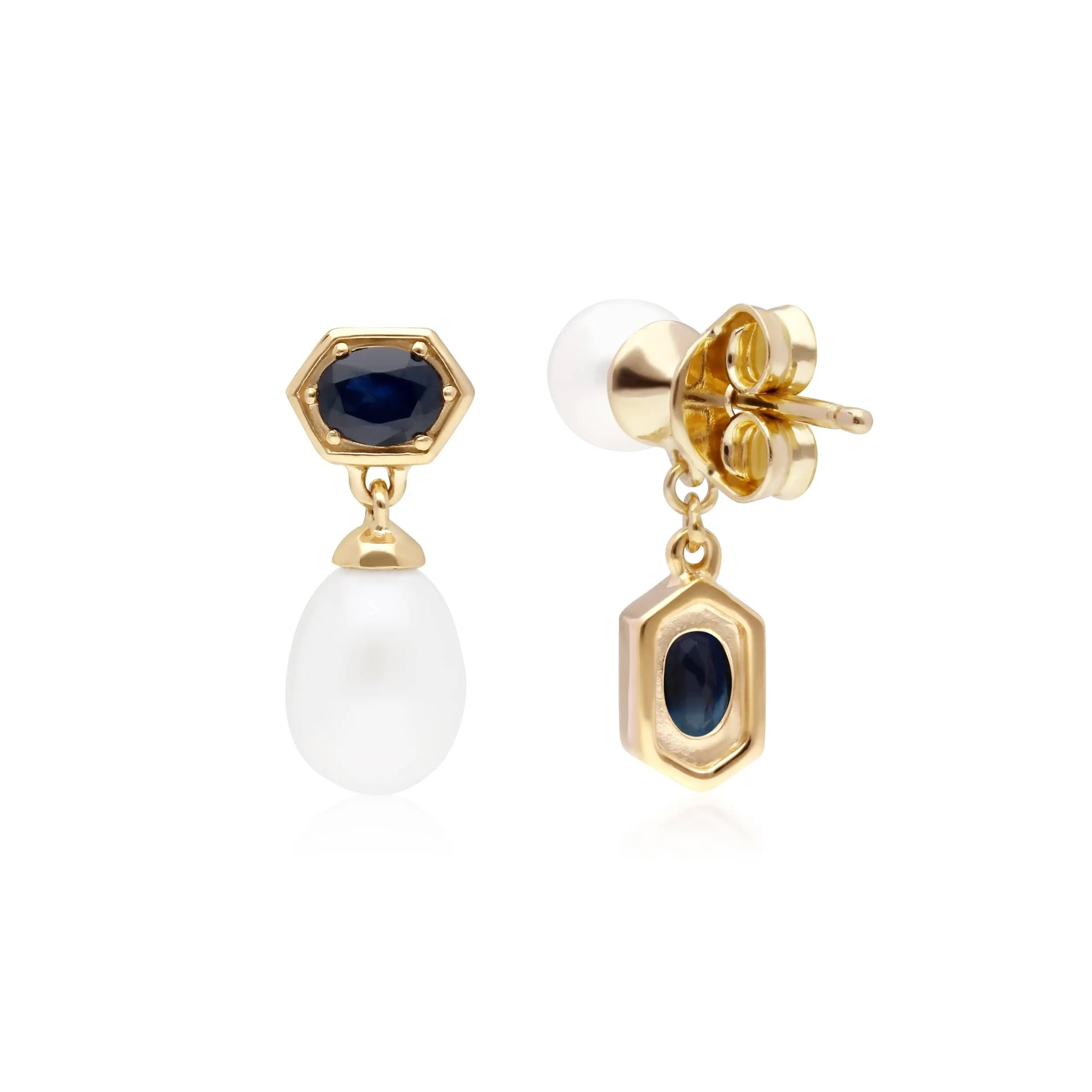 Modern Pearl & Sapphire Mismatched Drop Earrings in Gold Plated Silver sold by Gemondo Jewellery product image thumbnail 2
