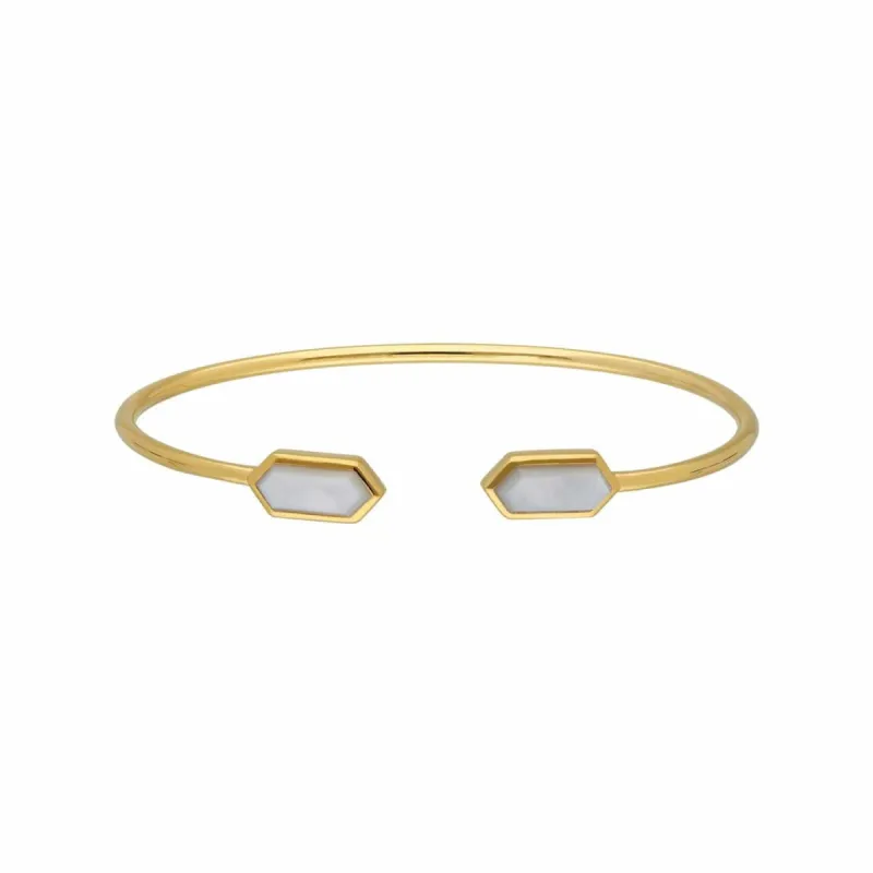 Geometric Mother of Pearl Open Bangle in Gold Plated Silver sold by Gemondo Jewellery