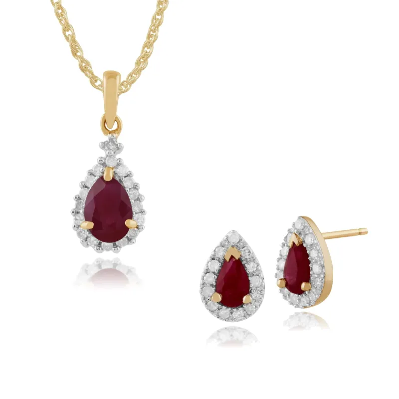 Classic Pear Ruby & Diamond Halo Stud Earrings & Pendant Set in 9ct Yellow Gold sold by Gemondo Jewellery