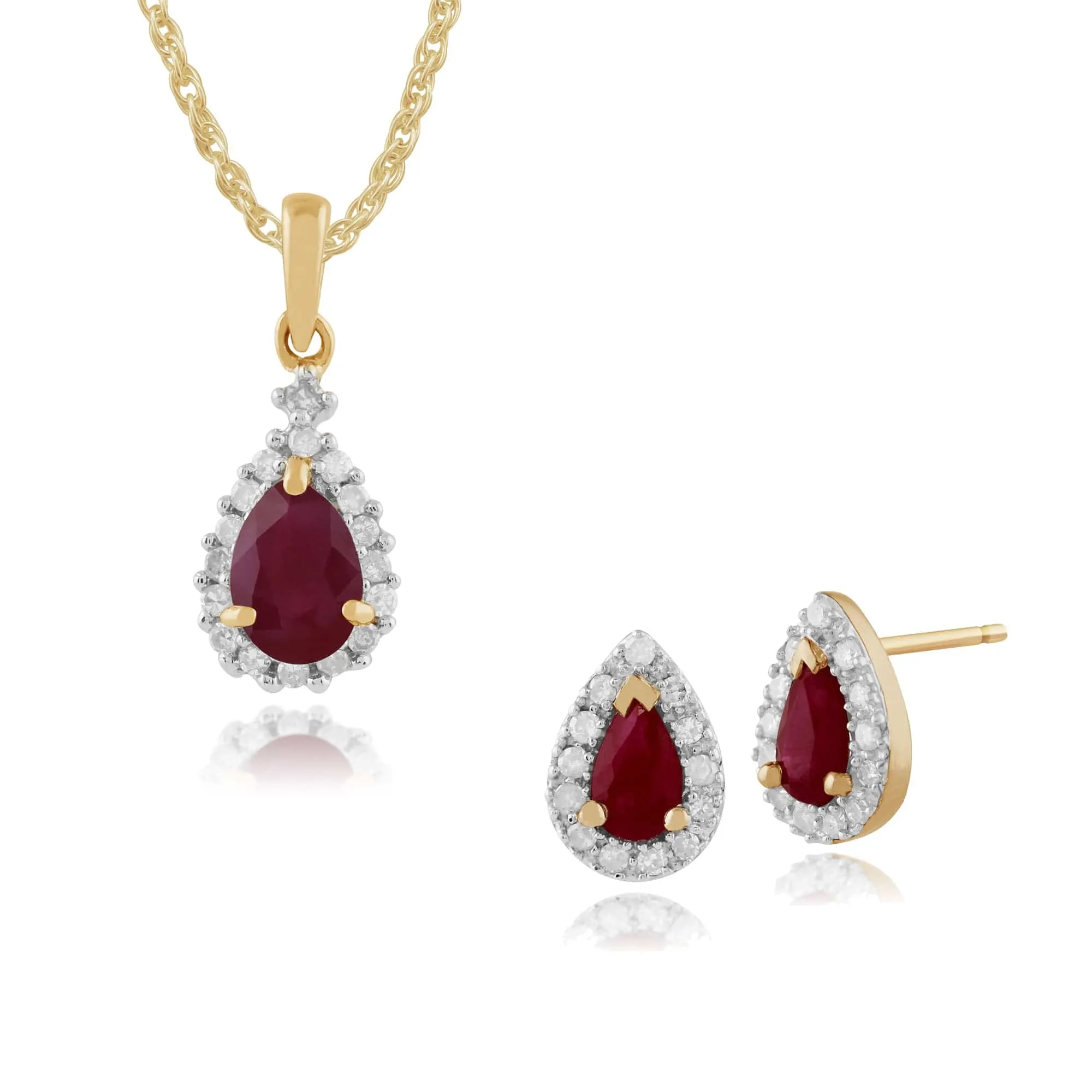 Classic Pear Ruby & Diamond Halo Stud Earrings & Pendant Set in 9ct Yellow Gold sold by Gemondo Jewellery