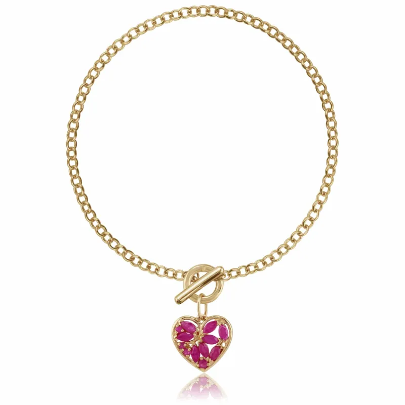 Classic Marquise Ruby Heart Charm T-Bar Bracelet in 9ct Gold sold by Gemondo Jewellery