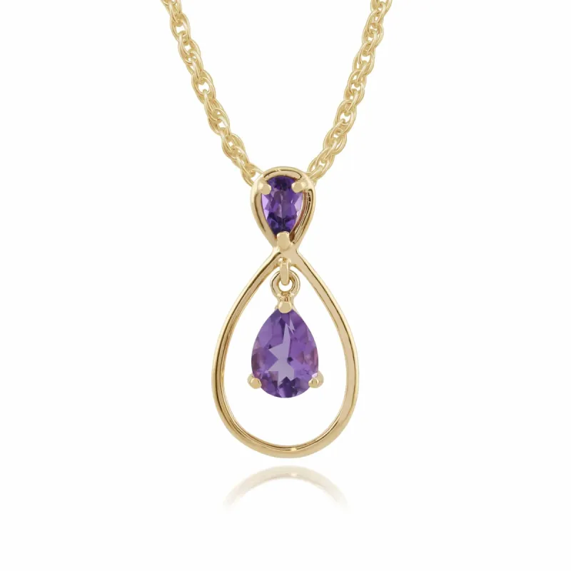 Classic Pear & Round Amethyst Halo Frame Pendant in 9ct Yellow Gold sold by Gemondo Jewellery