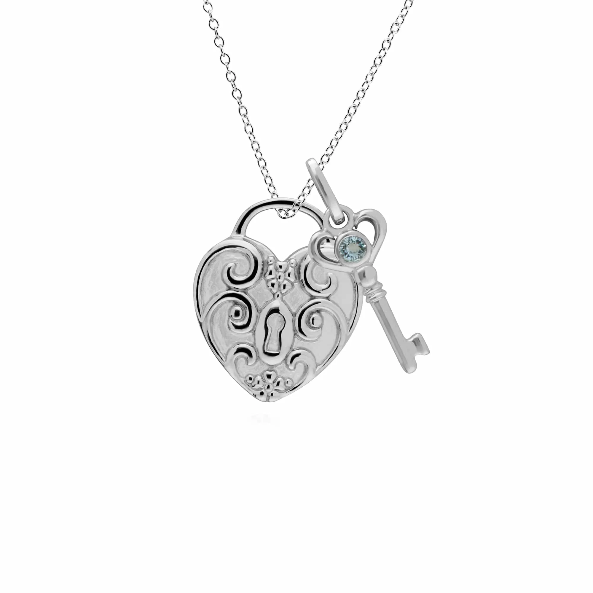 Classic Swirl Heart Lock Pendant & Aquamarine Key Charm in 925 Sterling Silver sold by Gemondo Jewellery