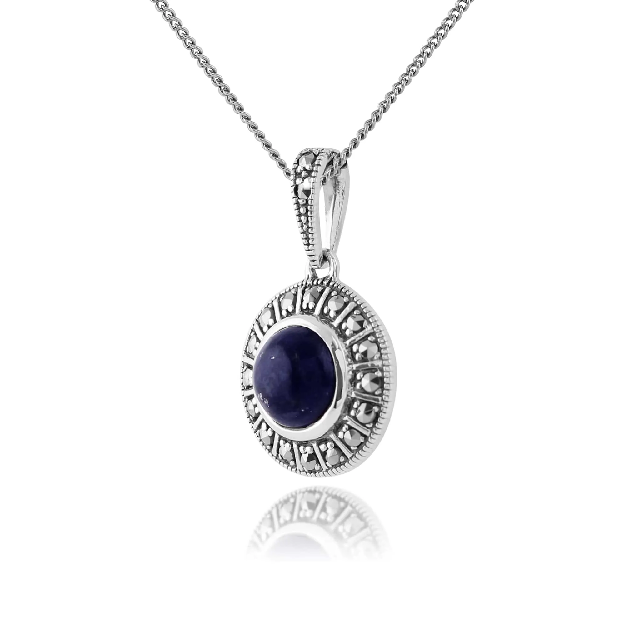 Art Deco Style Round Lapis Lazuli Cabochon & Marcasite Pendant in 925 Sterling Silver sold by Gemondo Jewellery product image thumbnail 2
