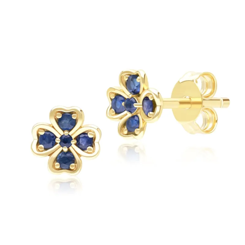 Gardenia Round Sapphire Clover Stud Earrings in 9ct Yellow Gold sold by Gemondo Jewellery