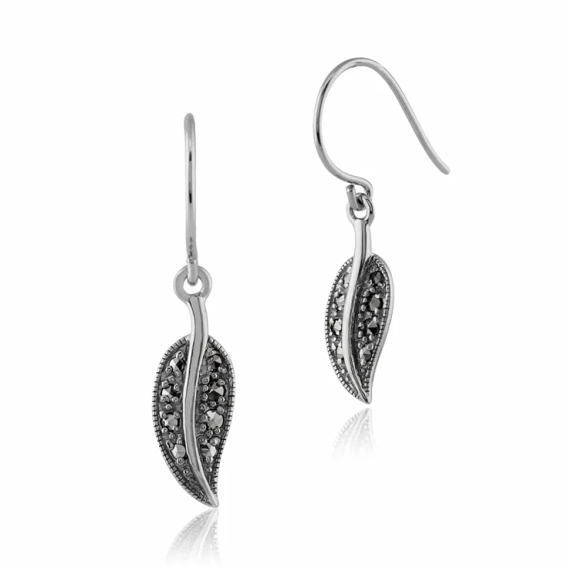 Art Nouveau Style Round Marcasite Leaf Drop Earrings in 925 Sterling Silver sold by Gemondo Jewellery