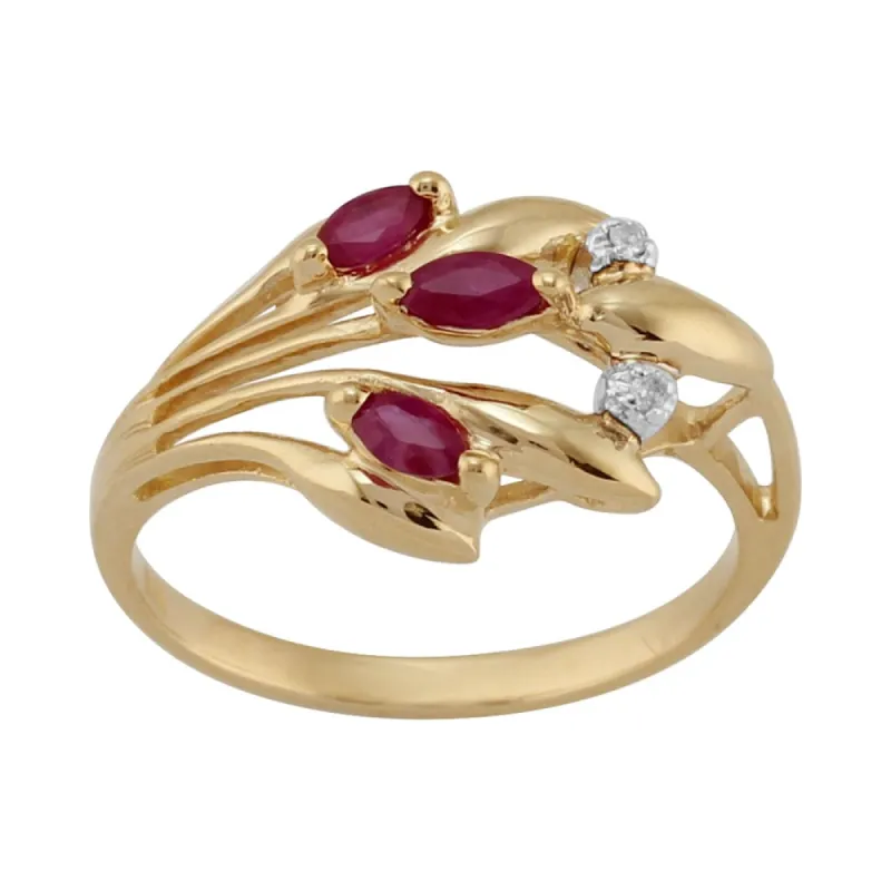 Floral 0.24ct Marquise Ruby & Diamond 9ct Yellow Gold  Ring sold by Gemondo Jewellery