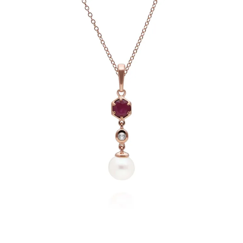 Modern Pearl, Ruby & Topaz Drop Pendant in Rose Gold Plated Silver sold by Gemondo Jewellery