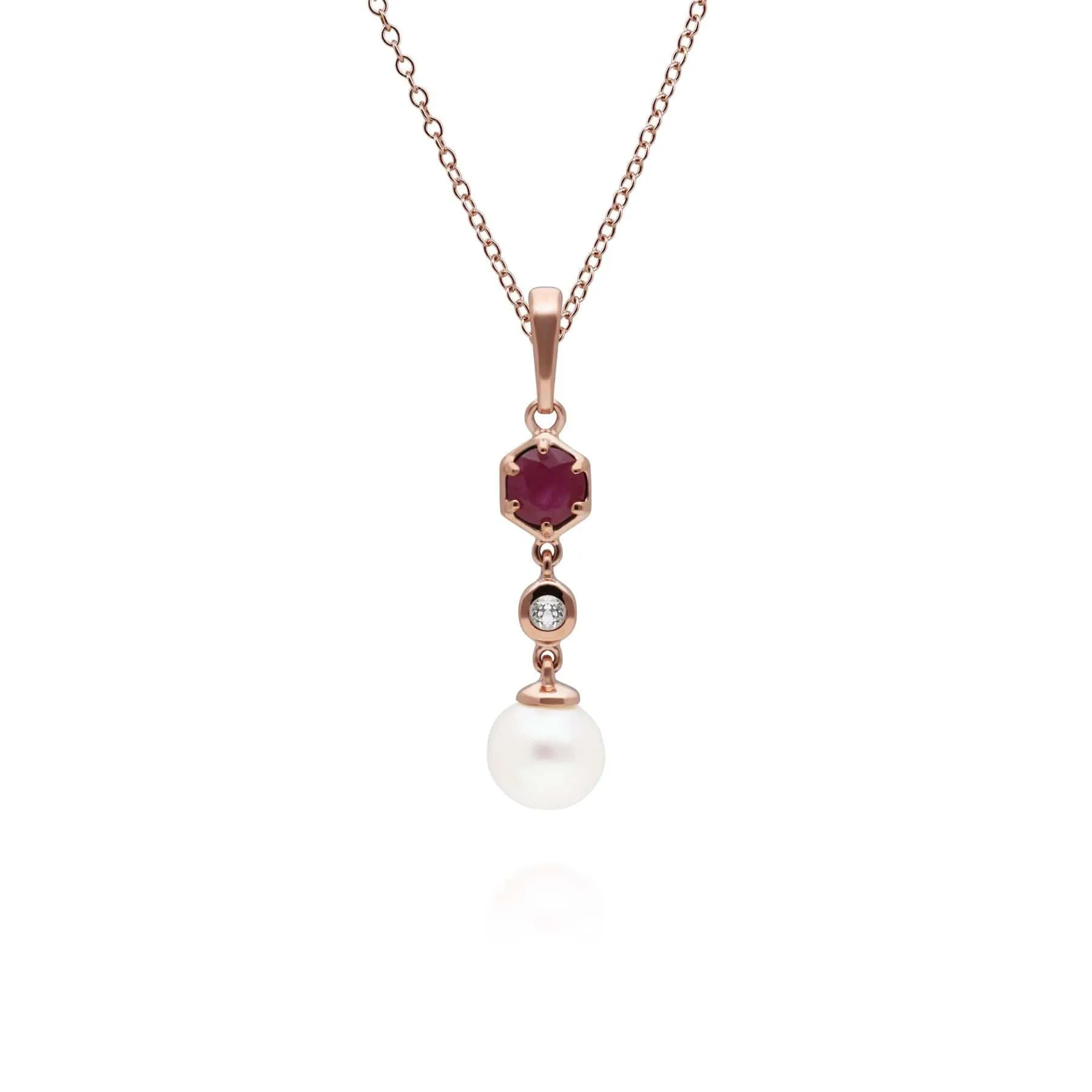 Modern Pearl, Ruby & Topaz Drop Pendant in Rose Gold Plated Silver sold by Gemondo Jewellery