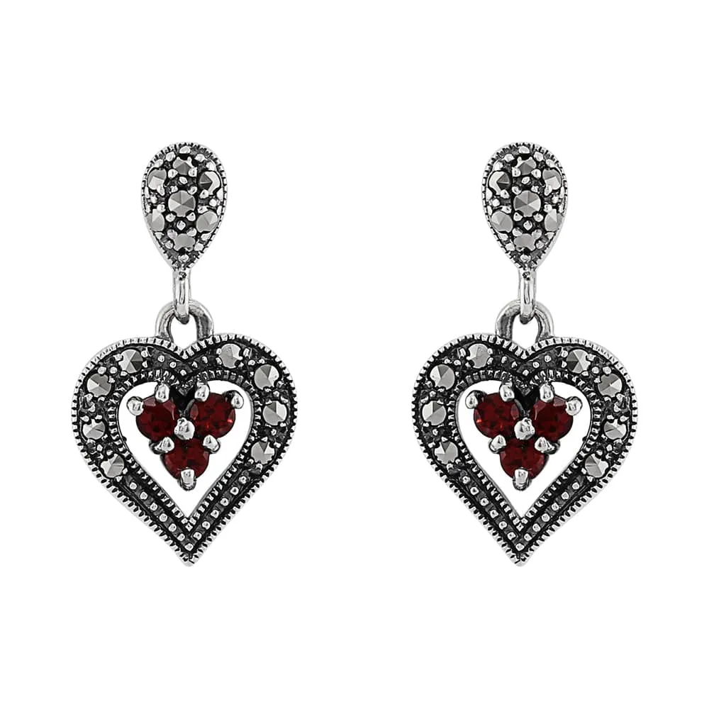 Art Deco Style Style Round Garnet & Marcasite Cluster Heart Drop Earrings & Pendant Set in 925 Sterling Silver sold by Gemondo Jewellery product image thumbnail 2