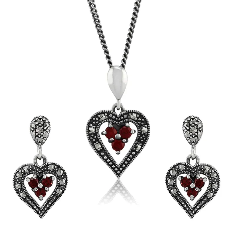Art Deco Style Style Round Garnet & Marcasite Cluster Heart Drop Earrings & Pendant Set in 925 Sterling Silver sold by Gemondo Jewellery