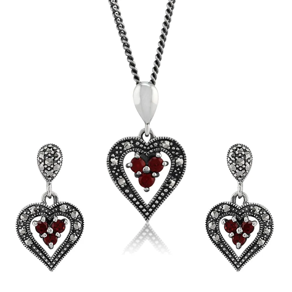 Art Deco Style Style Round Garnet & Marcasite Cluster Heart Drop Earrings & Pendant Set in 925 Sterling Silver sold by Gemondo Jewellery