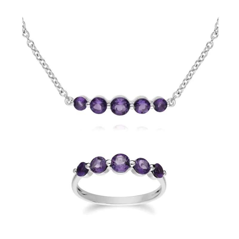 Classic Round Amethyst Five Stone Bracelet &  Ring Set in 925 Sterling Silver sold by Gemondo Jewellery