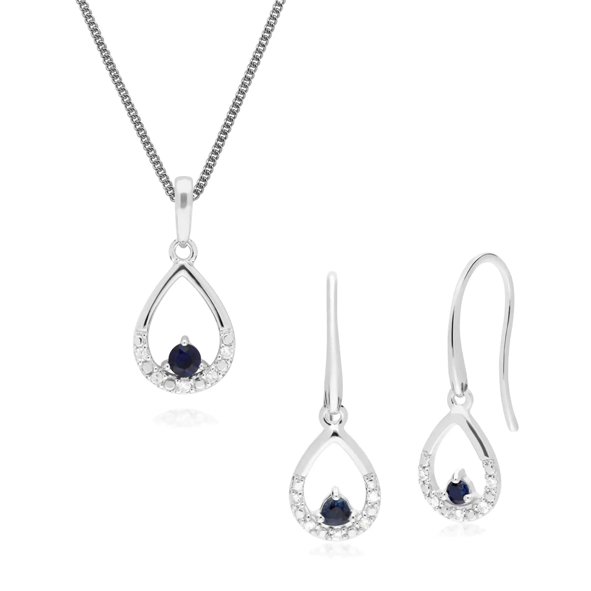 Classic Round Sapphire & Diamond Tear Drop Earrings & Pendant Set in 9ct White Gold sold by Gemondo Jewellery